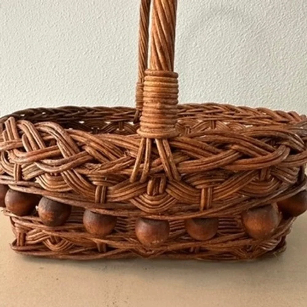 Vintage Wicker Boho Beaded Brown Storage Basket Cottagecore Rustic Farmhouse